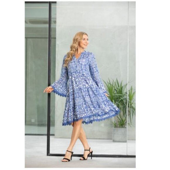 ORANGE FASHION VILLAGE, BEAUTIFUL BLUE/WHITE, BELL SLEEVE CROCHET TRIM DRESS - Picture 1 of 8